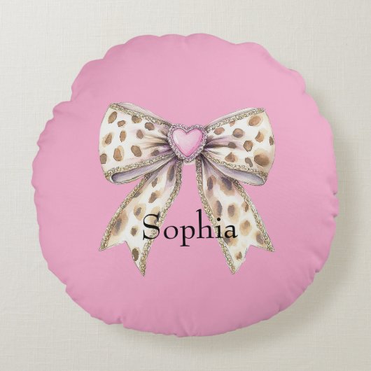 Pink Heart Leopard Girly Bow Rond Kussen (Voorkant)
