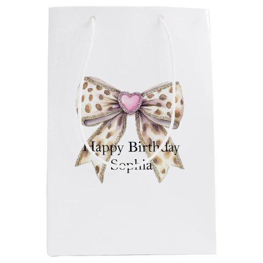 Pink Heart Leopard Girly Bow Verjaardag Medium Cadeauzakje (Voorkant)