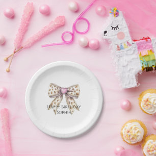 Pink Heart Leopard Girly Bow Verjaardag Papieren Bordje