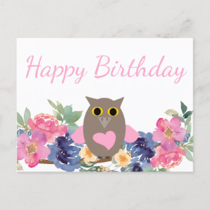 Pink Heart Owl Floral Waterverf Happy Birthday Briefkaart