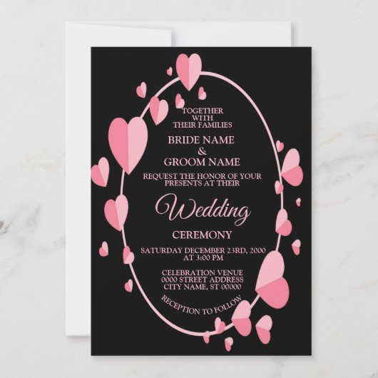 Pink Heart Pattern Black Geometric Elegant Wedding Kaart (Voorkant)
