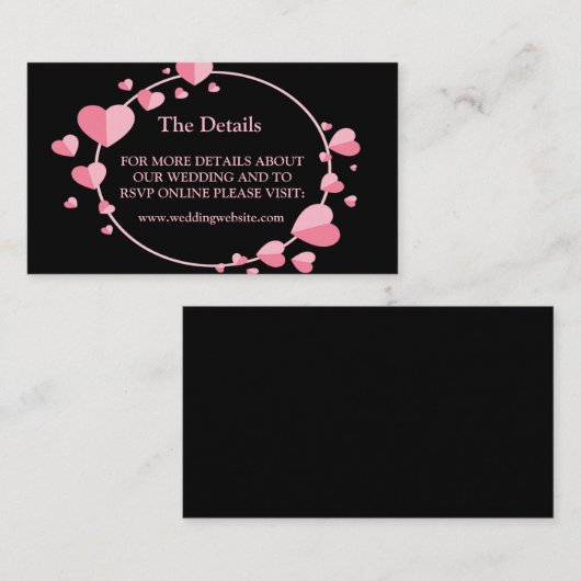Pink Heart Pattern Black Geometric Wedding Detail Informatiekaartje (Voorkant / Achterkant)