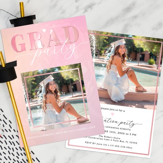 Pink Heart Script Uitnodiging voor afstudeerfeest