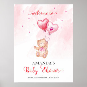Pink Heart Teddy Bear Balloon Baby shower Welkom Poster