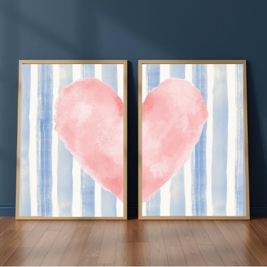 Pink Heart Watercolor, Aesthetic Blue Stripes Muurkunst Sets