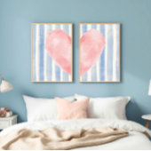 Pink Heart Watercolor, Aesthetic Blue Stripes Muurkunst Sets