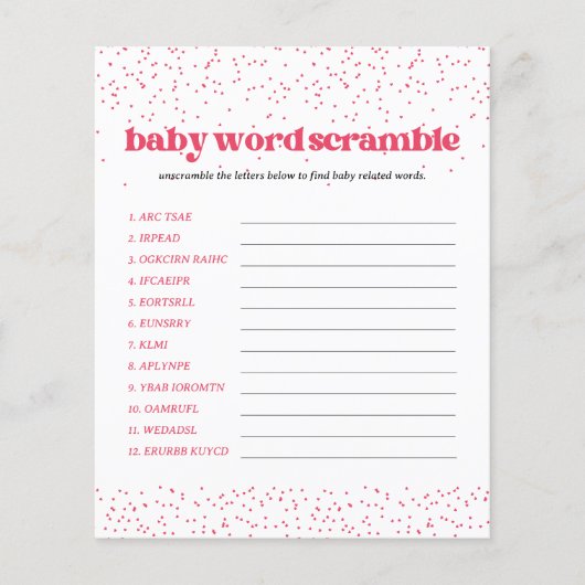 Pink Hearts Baby shower Word Scramble spel Flyer (Voorkant)