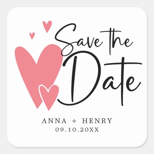 Pink Hearts Gepersonaliseerde Wedding Save The Dat Vierkante Sticker (Voorkant)