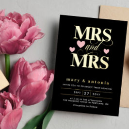 Pink Hearts Gold Mrs. & Mrs Lesbian Wedding 2 op 1 Folie Uitnodiging