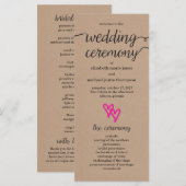 Pink Hearts Kraft Wedding Programme (Devant / Derrière)