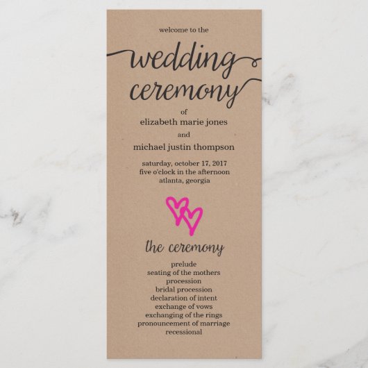 Pink Hearts Kraft Wedding Programme (Devant)