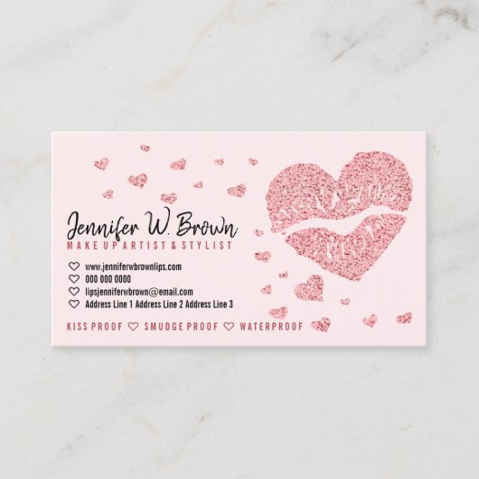 Pink Hearts Lips Roos Gold Gloss Lipstick Visitekaartje (Voorkant)