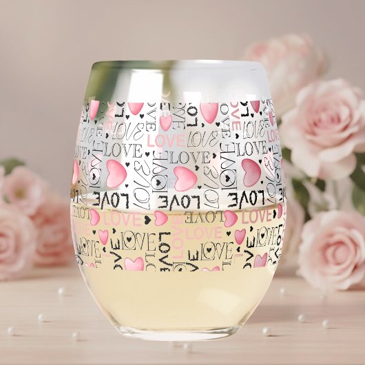 Pink Hearts Love Script Pattern Happy Valentine's  Wijnglas Zonder Voet
