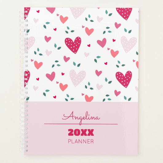 Pink Hearts Pattern Kids Academic School Planner (Voorkant)