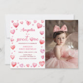 Pink Hearts Sweet One Valentijn 1st Birthday Foto Kaart (Voorkant)