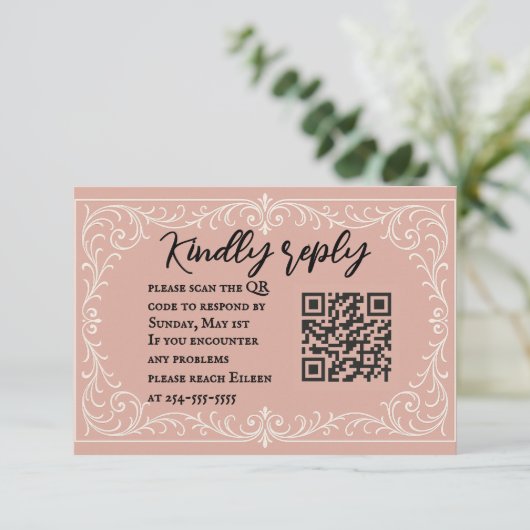 Pink Heirloom QR Code Wedding RSVP Card (Staand voorkant)