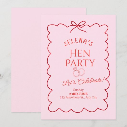 Pink Hen Party Invitation Card | Elegant Minimalis (Devant / Derrière)
