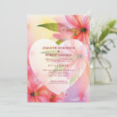 Pink Hibiscus Flower Wedding Floral Heart Dewdrop Aankondiging (Staand voorkant)