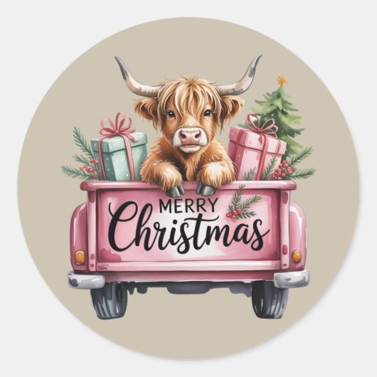 Pink Highland Cow Xmas Girly Fluffy Cow In Truck Ronde Sticker (Voorkant)