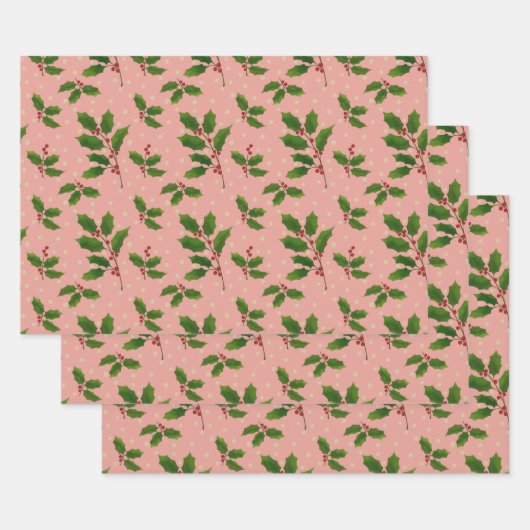 Pink Holly cadeau wrap 3 pack Inpakpapier Vel (Set)