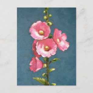 PINK HOLLYHOCKS IN OLIEPASTEL BRIEFKAART