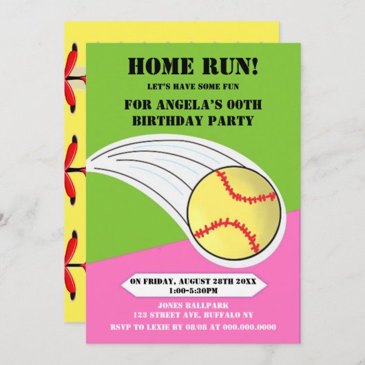Pink Home Run Softball Birthday Party (Voorkant / Achterkant)
