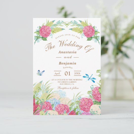 Pink Hydrangea Elegant Floral Wedding Invitation (Staand voorkant)
