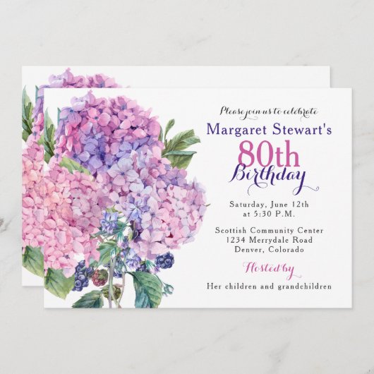 Pink Hydrangea Floral 80th Birthday Invite Kaart (Voorkant / Achterkant)