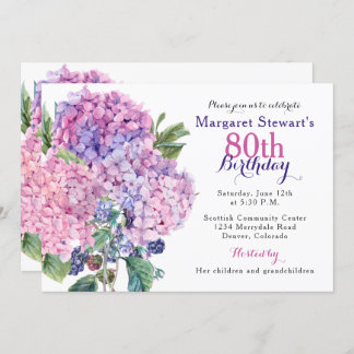 Pink Hydrangea Floral 80th Birthday Invite Kaart