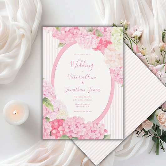 Pink Hydrangea Floral Stripe Wedding Invitation Kaart