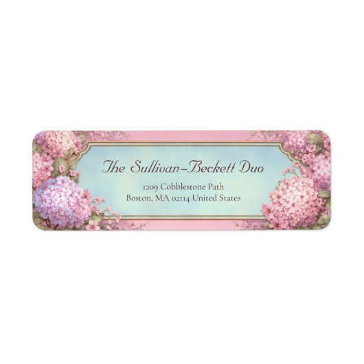 Pink Hydrangea Gold Filigree Sky Blue Etiket (Voorkant)