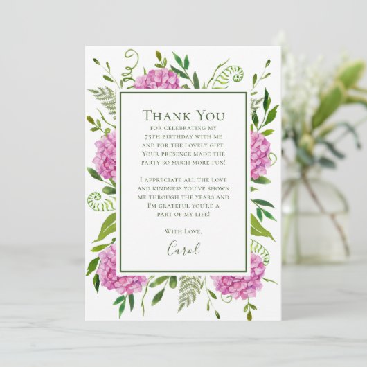 Pink Hydrangeas 75th Birthday  Bedankkaart (Staand voorkant)