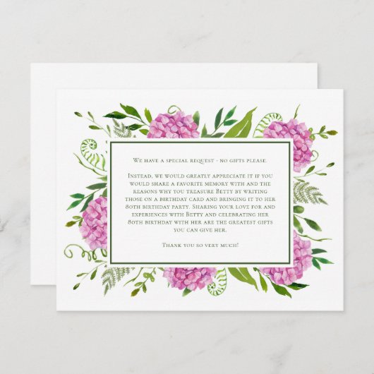 Pink Hydrangeas 80e carte d'anniversaire Demande (Devant / Derrière)