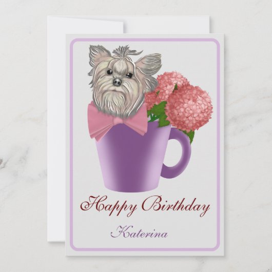 Pink Hydrangeas and Yorkshire Terrier Birthday Aankondiging (Voorkant)