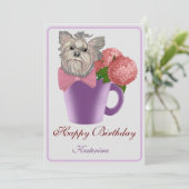 Pink Hydrangeas and Yorkshire Terrier Birthday Aankondiging (Staand voorkant)