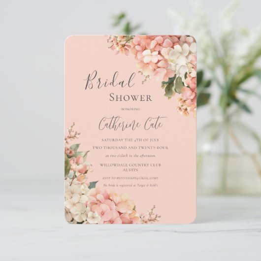 Pink Hydrangeas Floral Bridal Shower Kaart (Staand voorkant)