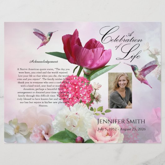 Pink Hydrangeas Hummingbird Funeral Programme Flyer (Voorkant)