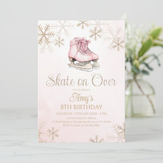 Pink Ice Skating Gold Glitter Snowflake Birthday Kaart (Staand voorkant)
