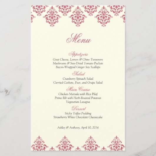 Pink Ivory Damask Arabesque Mariage Carte Menu (Devant)