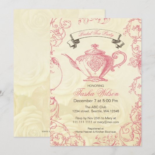 Pink Ivory Rozen Bridal Tea Party Kaart (Voorkant / Achterkant)