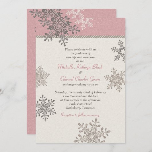 Pink Ivory Snowflake hiver Mariage Invitation (Devant / Derrière)