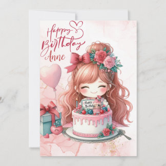 Pink Kawaii Girl Bonne carte de voeux d'anniversai