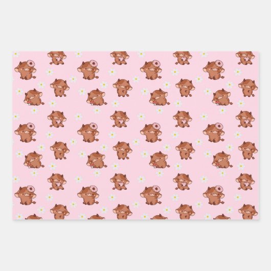 Pink Kawaii Highland Cows Seamless Pattern Inpakpapier Vel (Voorkant)