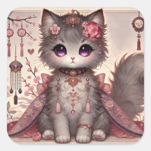 Pink Kimono Princess Cat Vierkante Sticker (Voorkant)