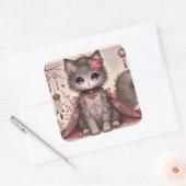 Pink Kimono Princess Cat Vierkante Sticker (Envelop)