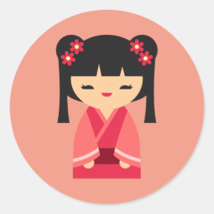 Pink Kokeshi Japanse poppen Ronde Sticker