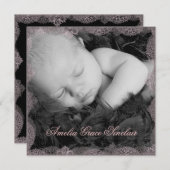 Pink Lace Black Photo Faire-part de naissance Vint (Devant / Derrière)