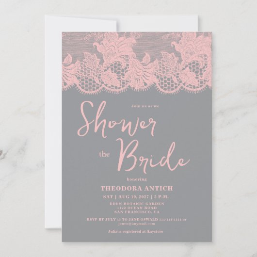 Pink Lace Grey Bridal Shower Invitation (Devant)
