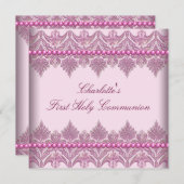 Pink Lace Parels Meisjes Roze 1e Communie Kaart (Voorkant / Achterkant)