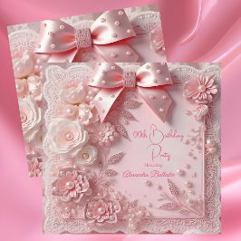 Pink Lace Pearls Floral Sweet Birthday Party Kaart